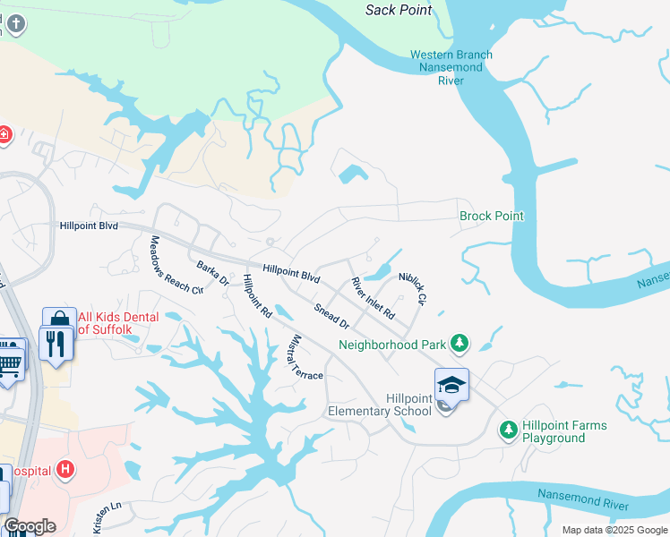 map of restaurants, bars, coffee shops, grocery stores, and more near 106 Birdie Drive in Suffolk