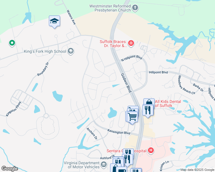 map of restaurants, bars, coffee shops, grocery stores, and more near 111 Squire Reach in Suffolk