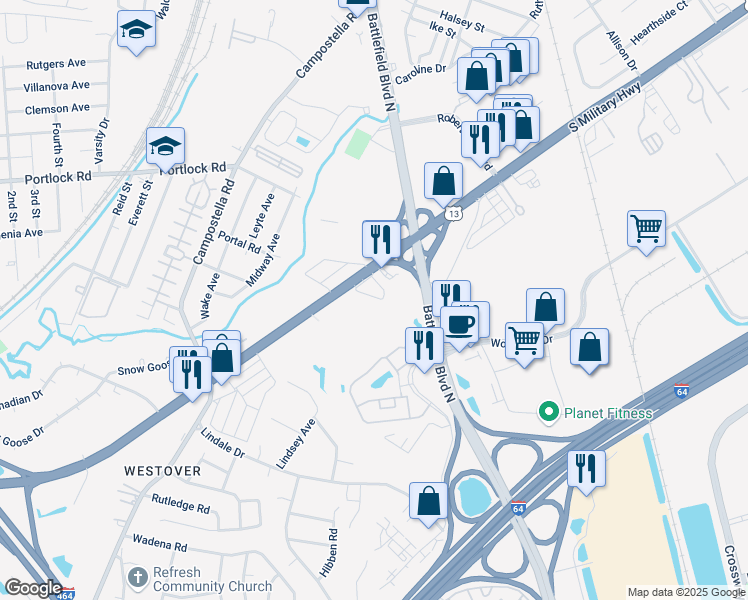 map of restaurants, bars, coffee shops, grocery stores, and more near 2080 South Military Highway in Chesapeake