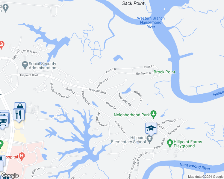 map of restaurants, bars, coffee shops, grocery stores, and more near 106 Birdie Drive in Suffolk