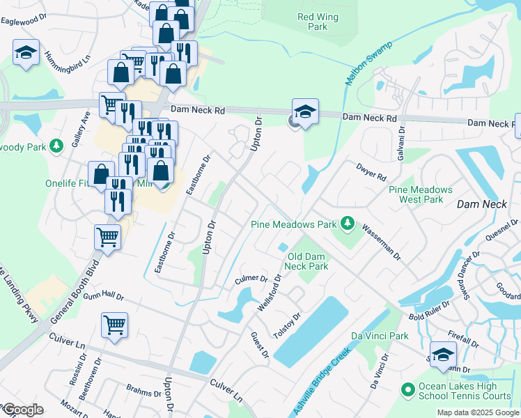 map of restaurants, bars, coffee shops, grocery stores, and more near 1740 Pathfinder Drive in Virginia Beach