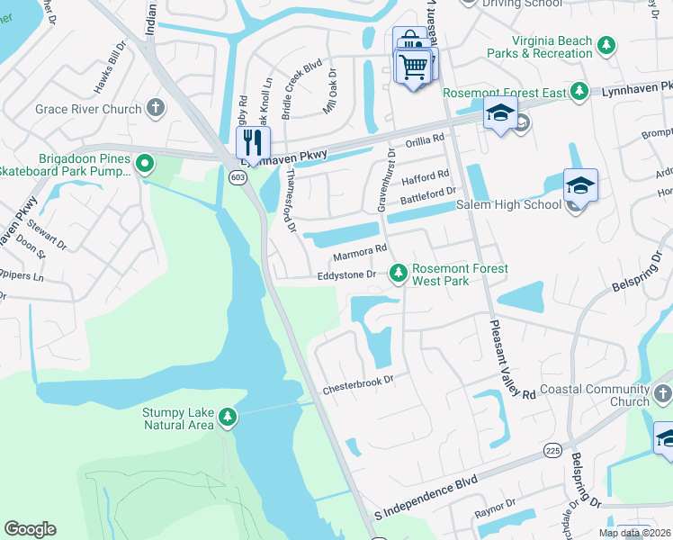 map of restaurants, bars, coffee shops, grocery stores, and more near 1449 Marmora Road in Virginia Beach