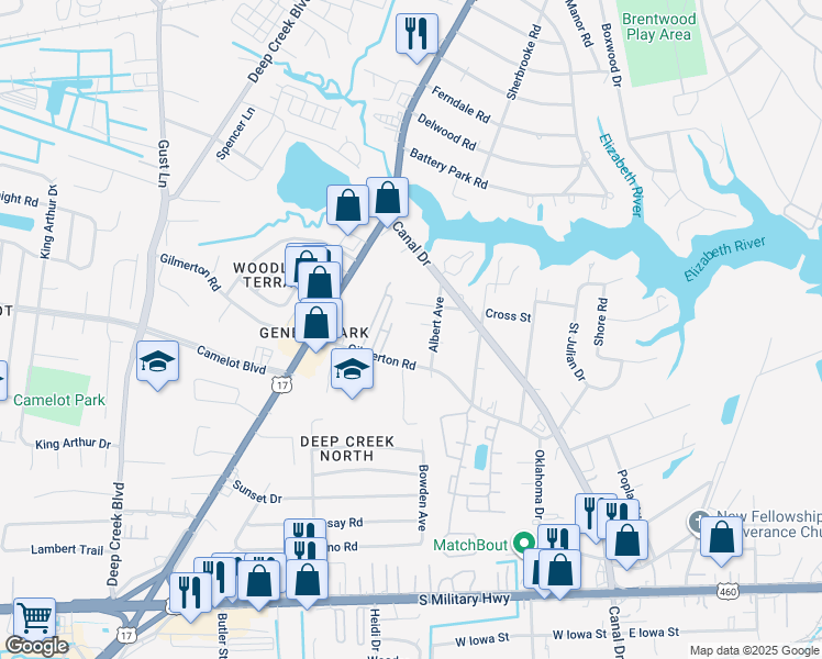 map of restaurants, bars, coffee shops, grocery stores, and more near 324 Albert Avenue in Chesapeake