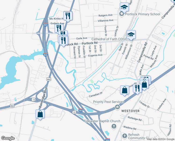 map of restaurants, bars, coffee shops, grocery stores, and more near 4207 Franklin Street in Chesapeake