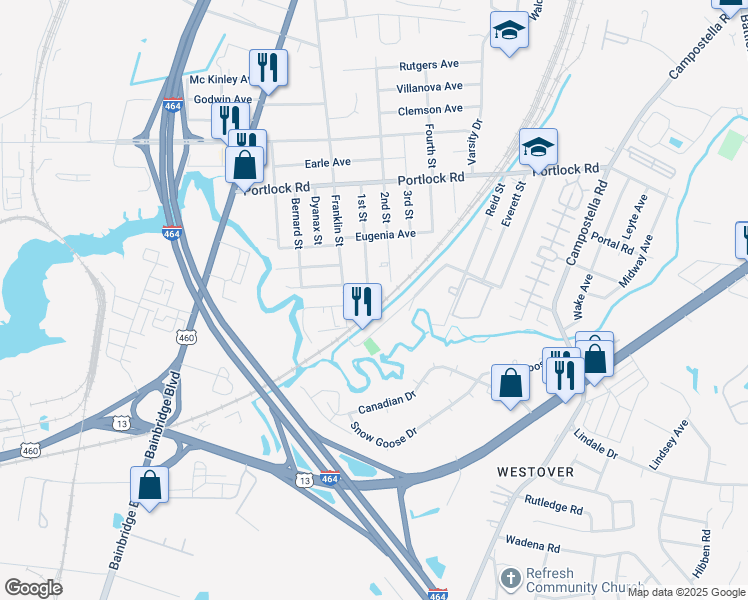map of restaurants, bars, coffee shops, grocery stores, and more near 4205 1st St in Chesapeake
