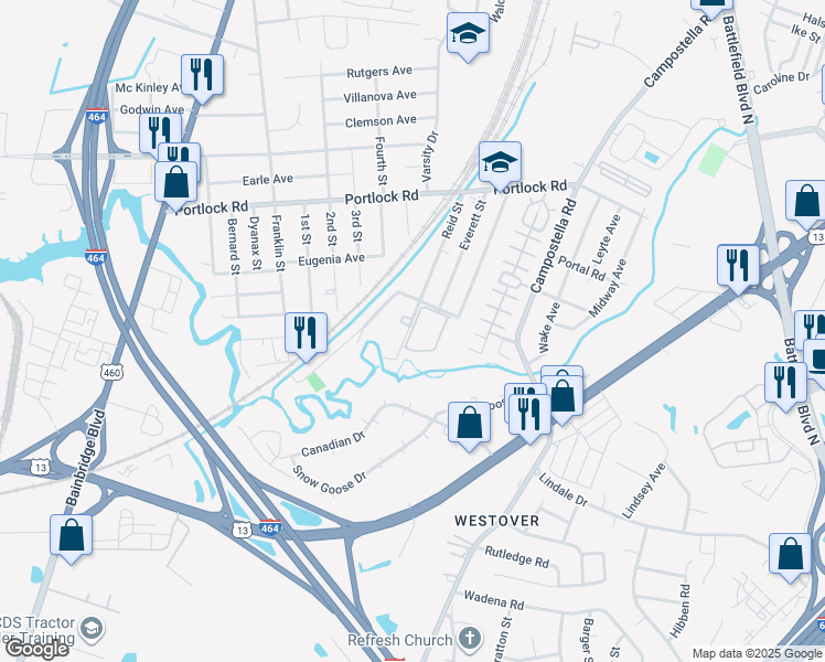 map of restaurants, bars, coffee shops, grocery stores, and more near 2000 Linster Street in Chesapeake