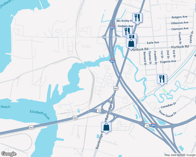 map of restaurants, bars, coffee shops, grocery stores, and more near 503 Twine Lane in Chesapeake