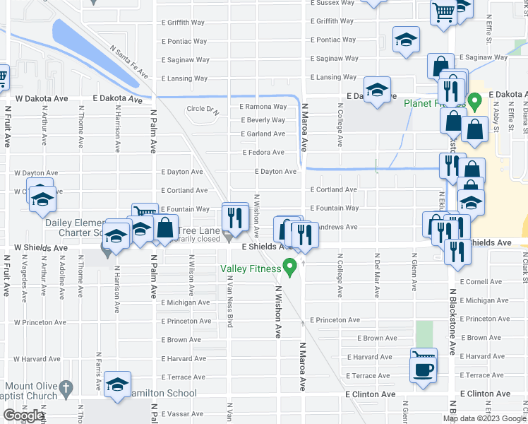 map of restaurants, bars, coffee shops, grocery stores, and more near 714 East Fountain Way in Fresno