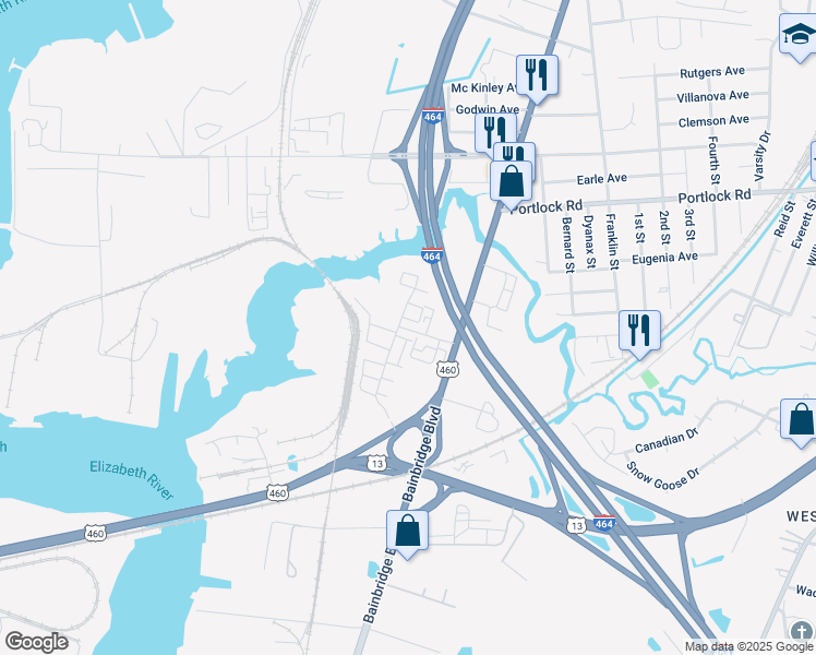 map of restaurants, bars, coffee shops, grocery stores, and more near 609 Reunion Street in Chesapeake