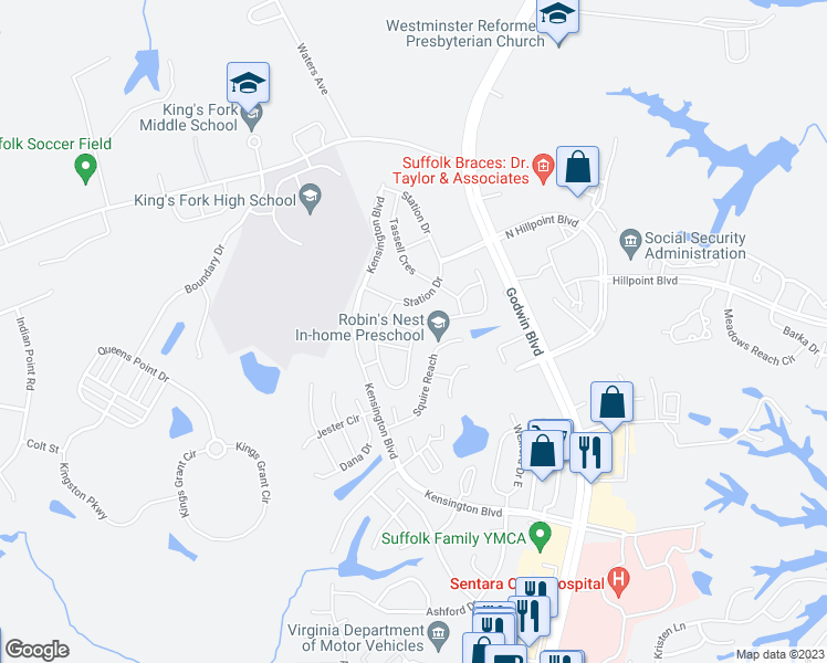 map of restaurants, bars, coffee shops, grocery stores, and more near 244 McCormick Drive in Suffolk