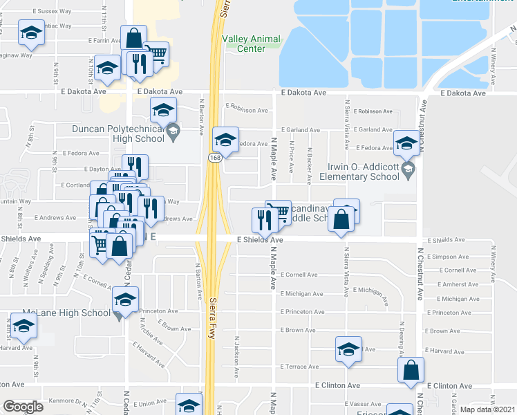 map of restaurants, bars, coffee shops, grocery stores, and more near 4571 East Fountain Way in Fresno