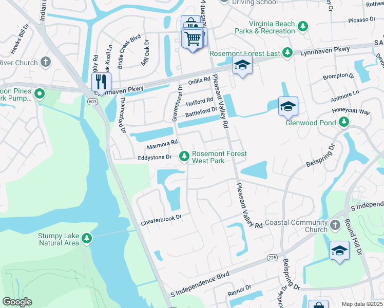 map of restaurants, bars, coffee shops, grocery stores, and more near 1332 Gravenhurst Circle in Virginia Beach