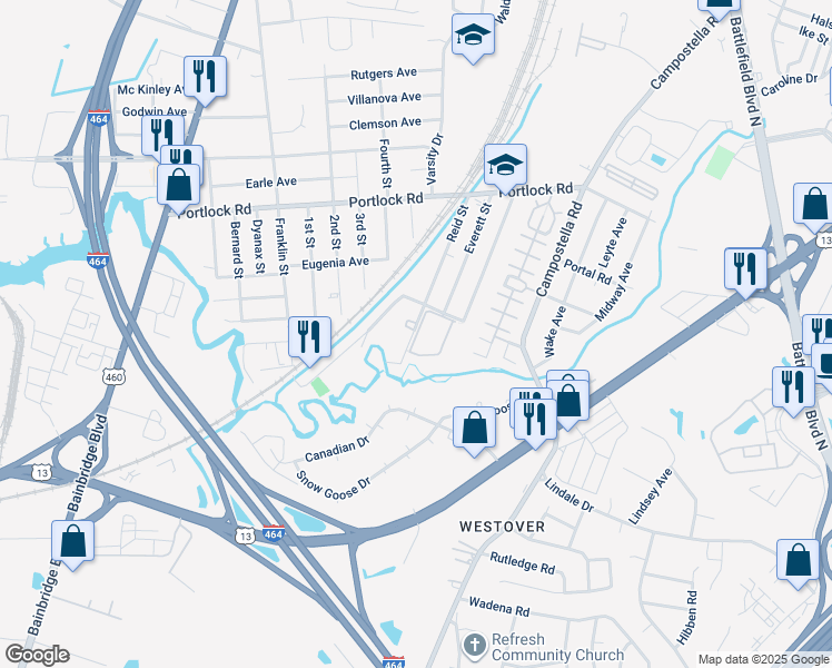 map of restaurants, bars, coffee shops, grocery stores, and more near 2000 Linster Street in Chesapeake