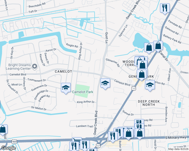 map of restaurants, bars, coffee shops, grocery stores, and more near 1101 Excalibur Street in Chesapeake