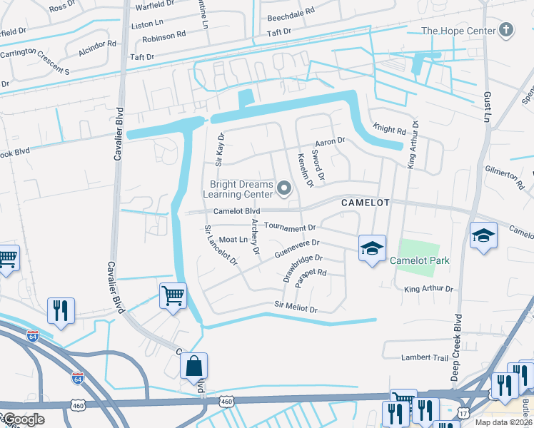 map of restaurants, bars, coffee shops, grocery stores, and more near 3112 Camelot Boulevard in Chesapeake