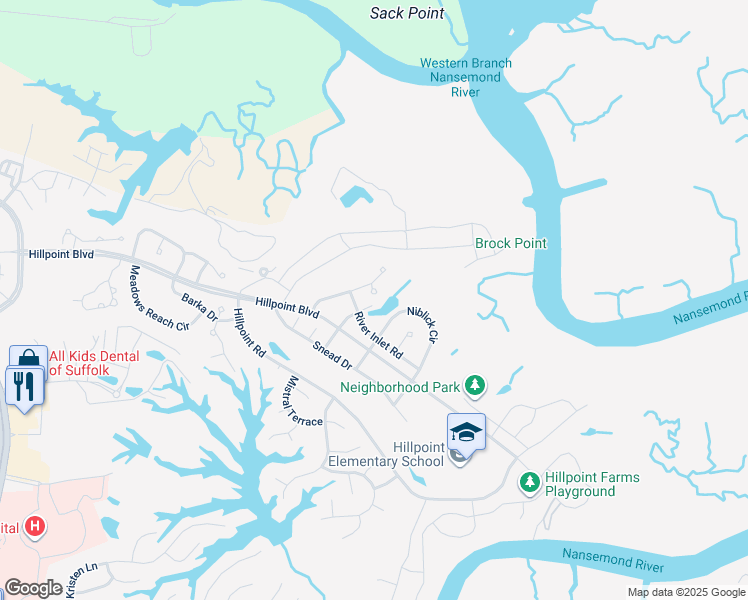 map of restaurants, bars, coffee shops, grocery stores, and more near 204 Spoon Court in Suffolk