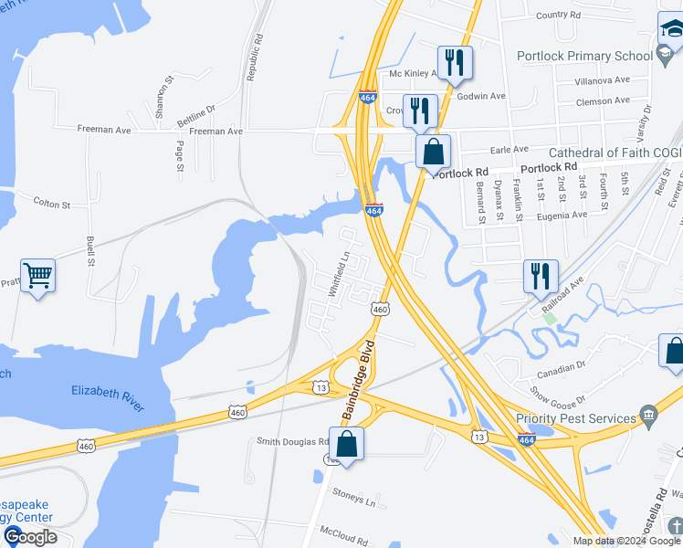 map of restaurants, bars, coffee shops, grocery stores, and more near 614 Reunion Street in Chesapeake