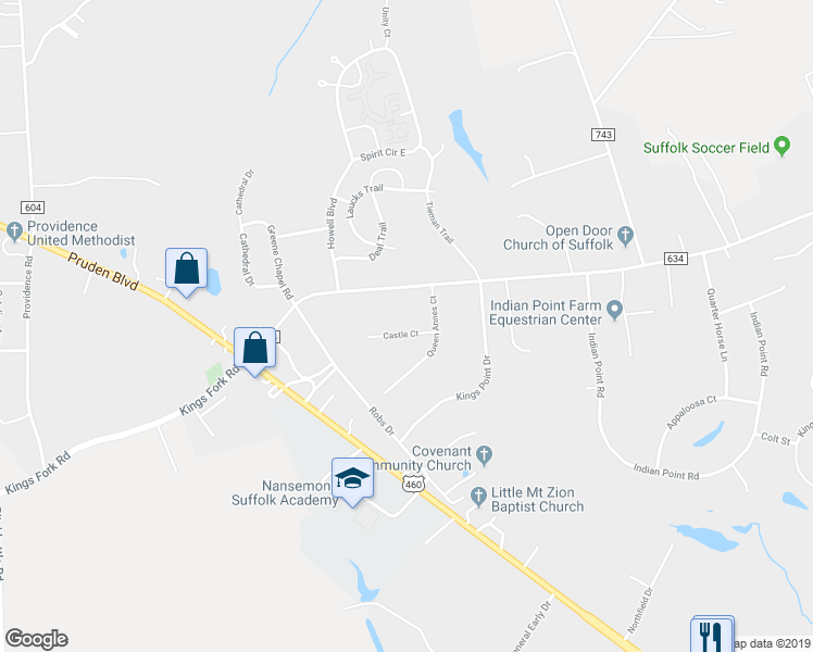 map of restaurants, bars, coffee shops, grocery stores, and more near 104 Castle Court in Suffolk