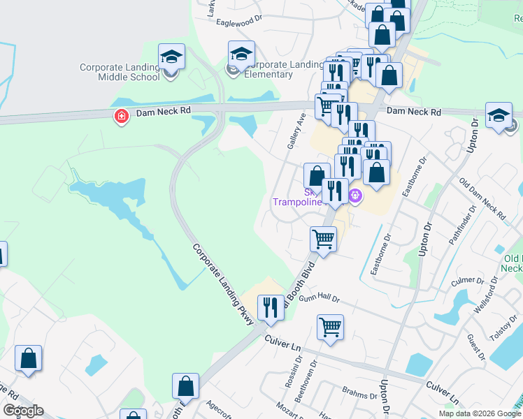 map of restaurants, bars, coffee shops, grocery stores, and more near 1661 Gallery Avenue in Virginia Beach