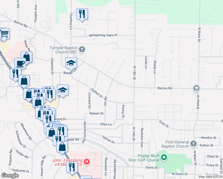 map of restaurants, bars, coffee shops, grocery stores, and more near 1528 Barron Road in Poplar Bluff