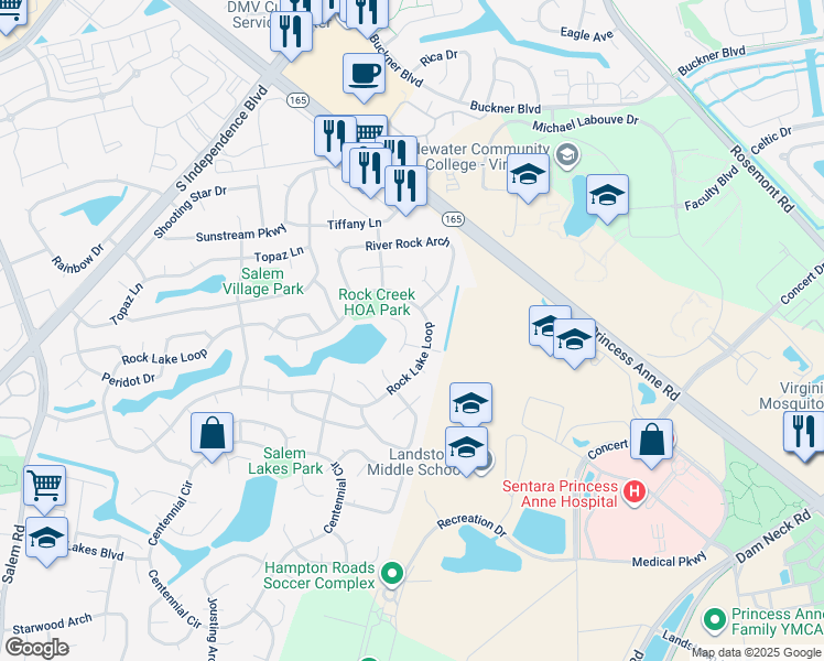 map of restaurants, bars, coffee shops, grocery stores, and more near 2032 White Water Drive in Virginia Beach