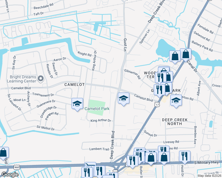 map of restaurants, bars, coffee shops, grocery stores, and more near 1101 Excalibur Street in Chesapeake