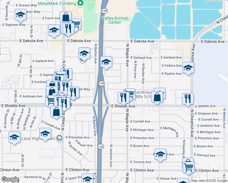 map of restaurants, bars, coffee shops, grocery stores, and more near 4550 East Fountain Way in Fresno