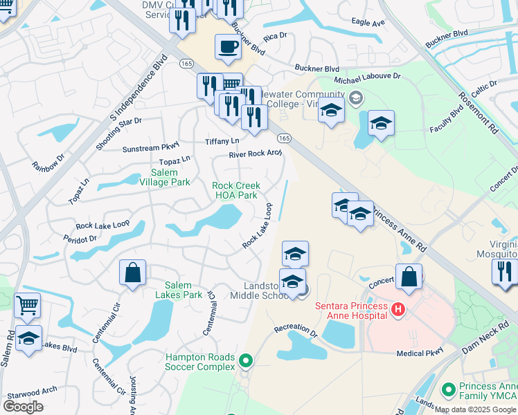 map of restaurants, bars, coffee shops, grocery stores, and more near 2032 White Water Drive in Virginia Beach