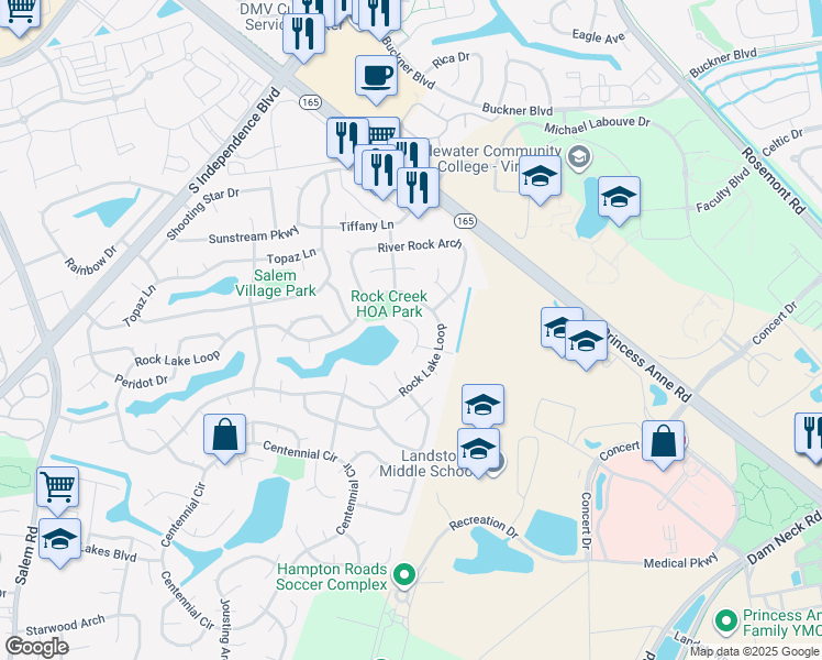 map of restaurants, bars, coffee shops, grocery stores, and more near 2084 Rock Lake Loop in Virginia Beach