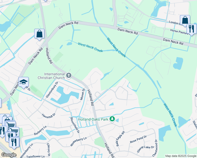 map of restaurants, bars, coffee shops, grocery stores, and more near 2904 Holm Oak Court in Virginia Beach