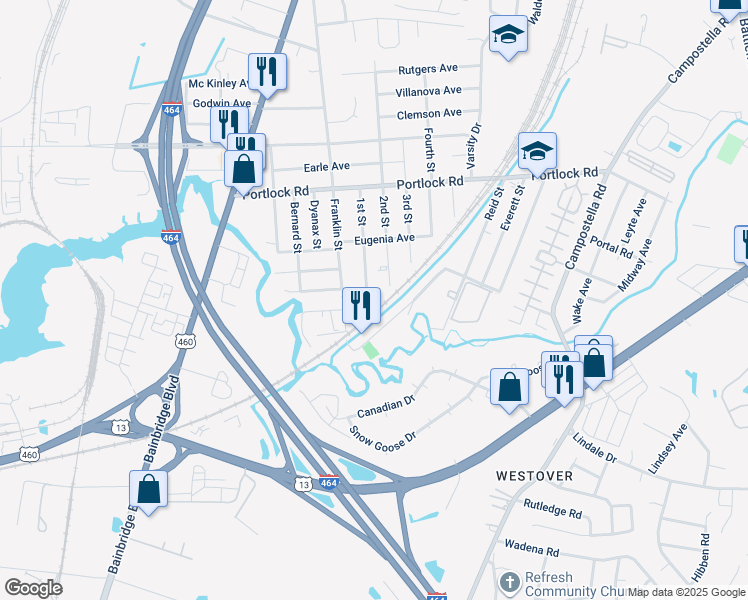 map of restaurants, bars, coffee shops, grocery stores, and more near 4205 1st St in Chesapeake