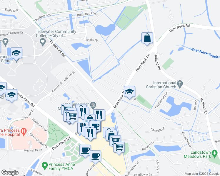 map of restaurants, bars, coffee shops, grocery stores, and more near 1748 Brigands Way in Virginia Beach