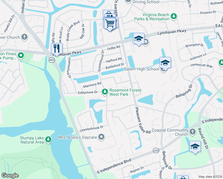 map of restaurants, bars, coffee shops, grocery stores, and more near 1332 Gravenhurst Circle in Virginia Beach