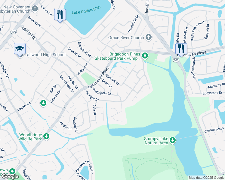 map of restaurants, bars, coffee shops, grocery stores, and more near 1601 Douglas Court in Virginia Beach