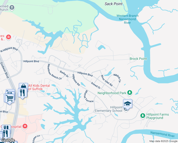 map of restaurants, bars, coffee shops, grocery stores, and more near 101 Birdie Drive in Suffolk