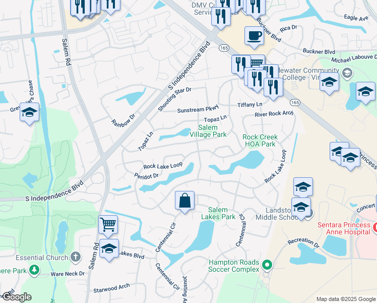 map of restaurants, bars, coffee shops, grocery stores, and more near 1917 Rock Lake Loop in Virginia Beach