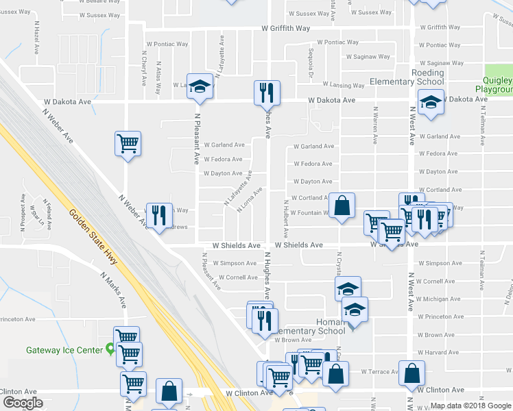 map of restaurants, bars, coffee shops, grocery stores, and more near 3414 North Woodson Avenue in Fresno