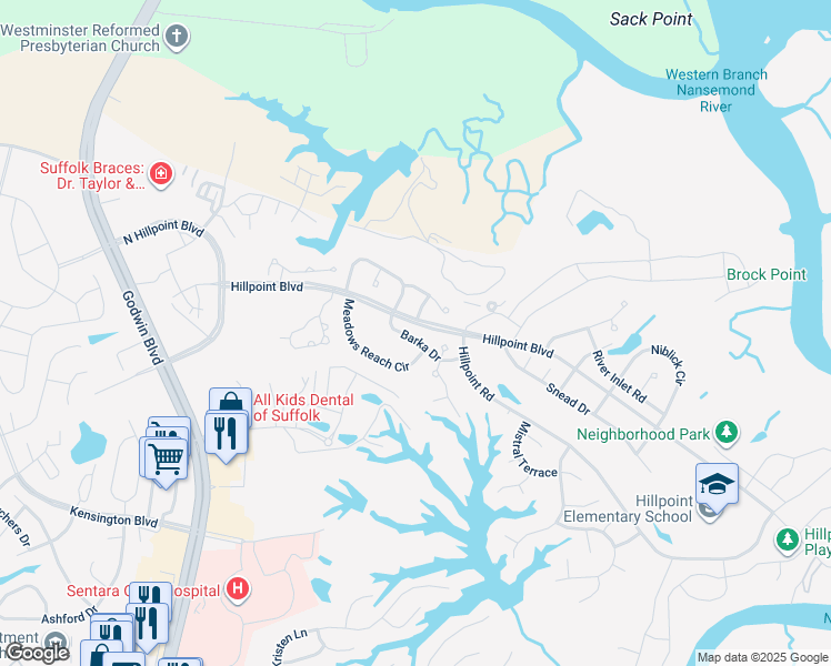 map of restaurants, bars, coffee shops, grocery stores, and more near 2009 Barka Dr in Suffolk