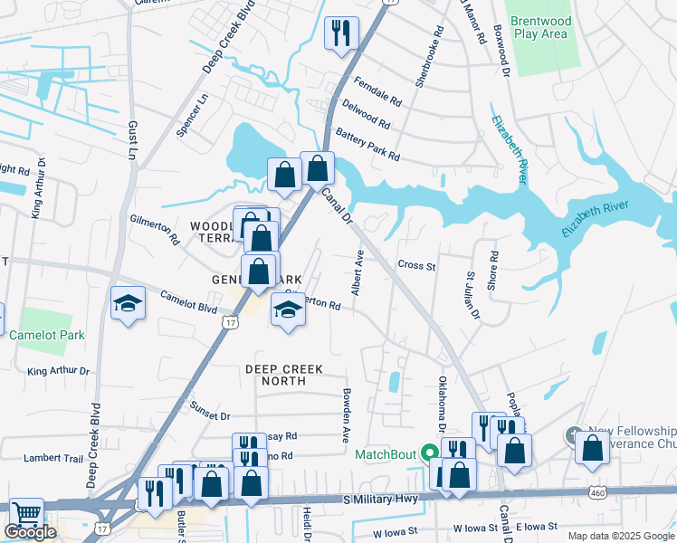 map of restaurants, bars, coffee shops, grocery stores, and more near 324 Albert Avenue in Chesapeake