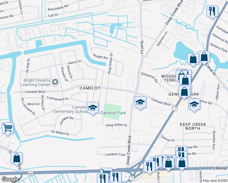 map of restaurants, bars, coffee shops, grocery stores, and more near 1022 Castle Court in Chesapeake