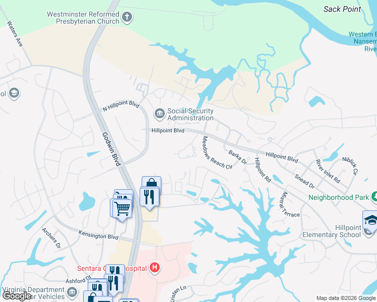 map of restaurants, bars, coffee shops, grocery stores, and more near 601 Hillpoint Woods in Suffolk