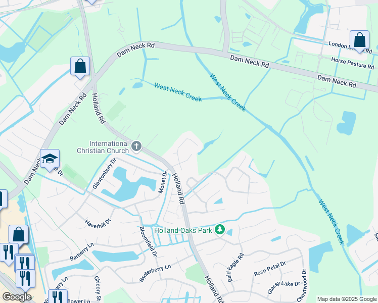 map of restaurants, bars, coffee shops, grocery stores, and more near 2904 Holm Oak Court in Virginia Beach