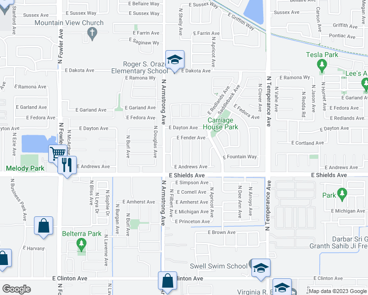 map of restaurants, bars, coffee shops, grocery stores, and more near 3116 North Shelly Avenue in Fresno
