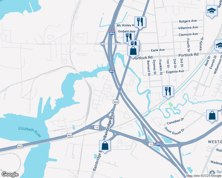 map of restaurants, bars, coffee shops, grocery stores, and more near Yager Court in Chesapeake