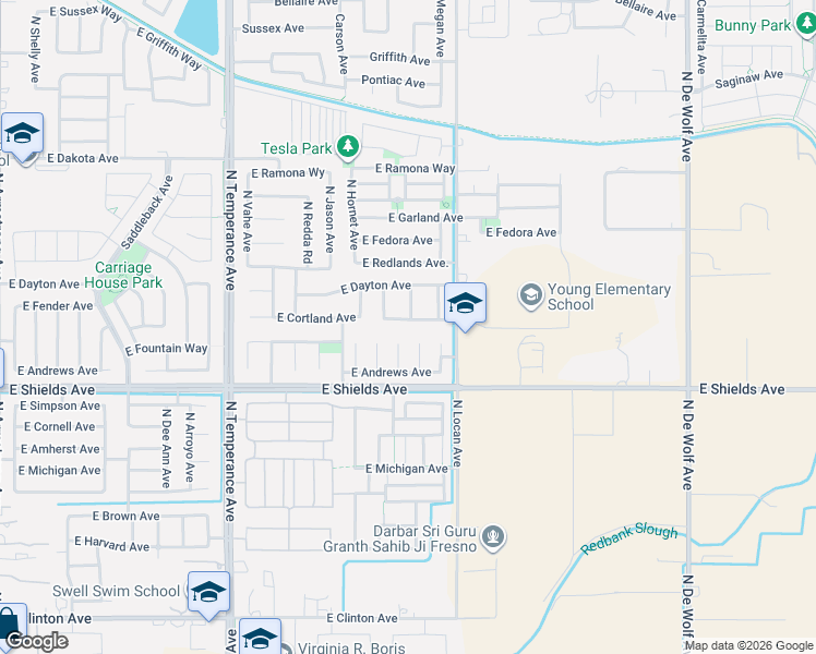 map of restaurants, bars, coffee shops, grocery stores, and more near 7457 East Cortland Avenue in Fresno