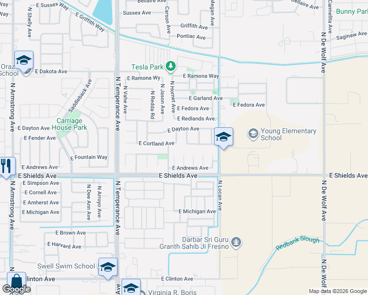 map of restaurants, bars, coffee shops, grocery stores, and more near 3115 North Schneider Avenue in Fresno