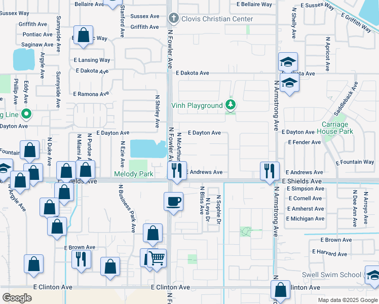 map of restaurants, bars, coffee shops, grocery stores, and more near 6045 East Cortland Avenue in Fresno