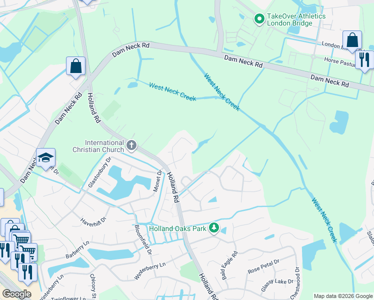 map of restaurants, bars, coffee shops, grocery stores, and more near 2904 Holm Oak Court in Virginia Beach