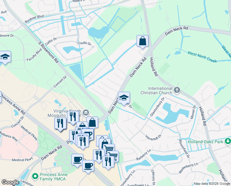 map of restaurants, bars, coffee shops, grocery stores, and more near 1745 Eleni Court in Virginia Beach