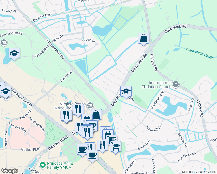 map of restaurants, bars, coffee shops, grocery stores, and more near 1725 Schooner Strait Court in Virginia Beach